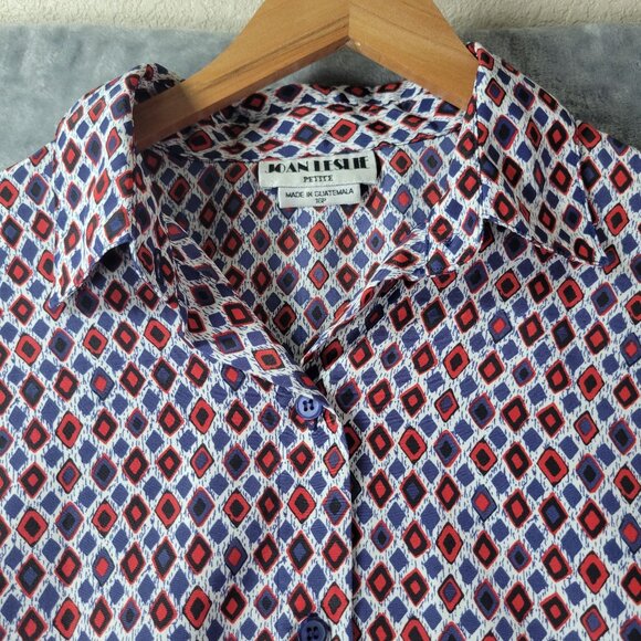 Joan Leslie‎ Petite Womens Button Up Shirt 16P Red Blue Geometric Print Top - Picture 7 of 10